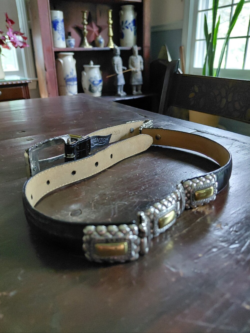 Vintage 90s Brighton black crocodile leather silver concho buckle belt Womens 31